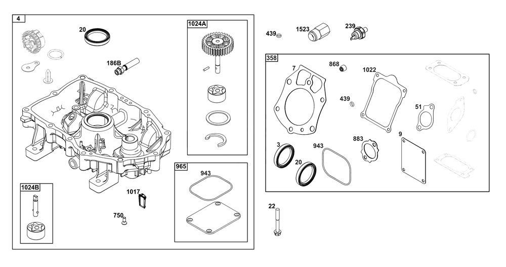 Crankcase Cover/Sump And Lubrication Group Diagram and Parts List for 61G877-0001-J1 400000 - 699999 Briggs and Stratton Engine